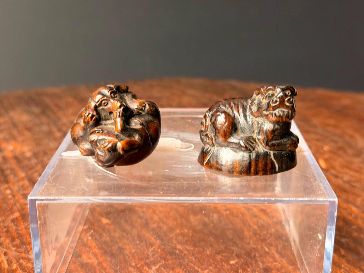 Vintage Japanese Carved Wood Netsuke Set Playing Puppies Recumbent Tiger