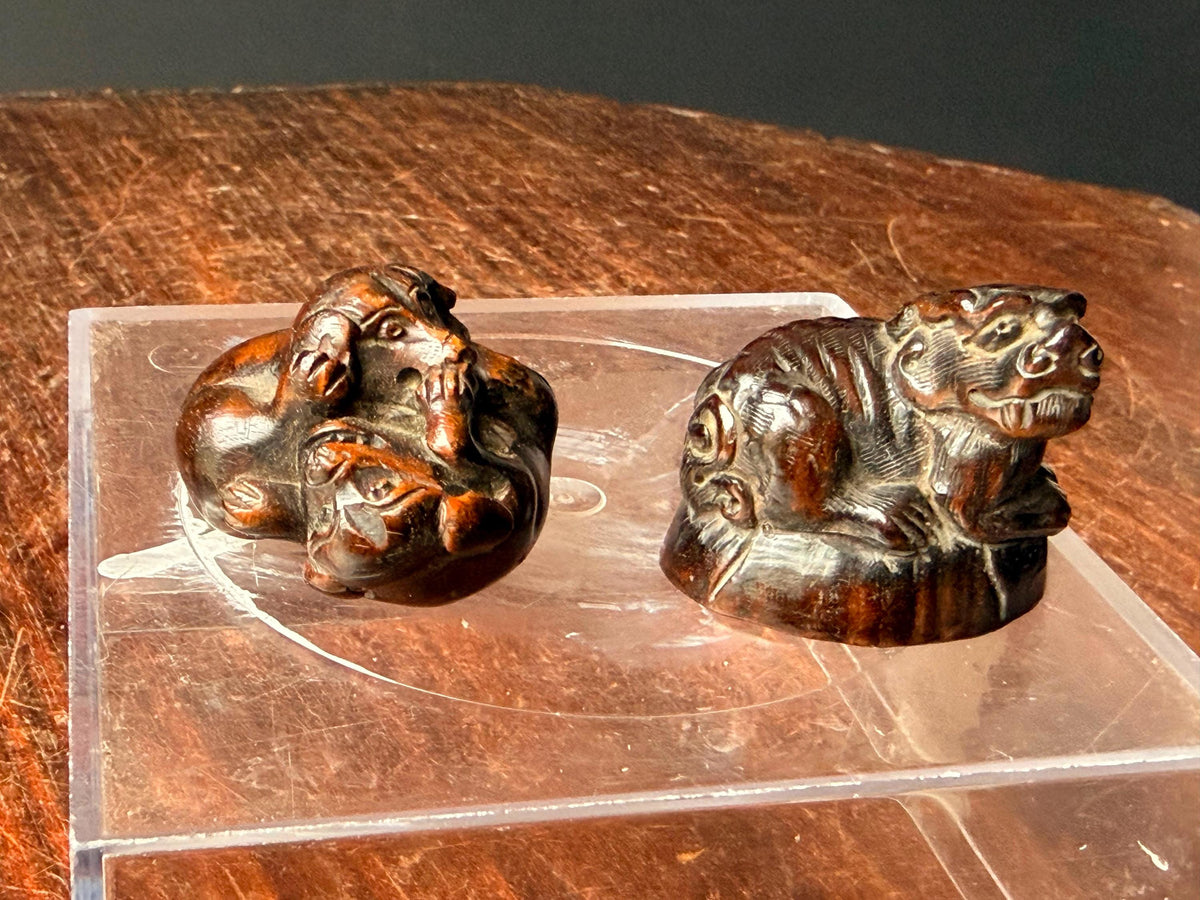 Vintage Japanese Carved Wood Netsuke Set Playing Puppies Recumbent Tiger