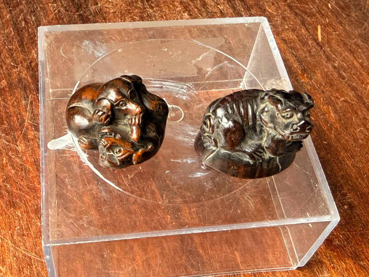 Vintage Japanese Carved Wood Netsuke Set Playing Puppies Recumbent Tiger