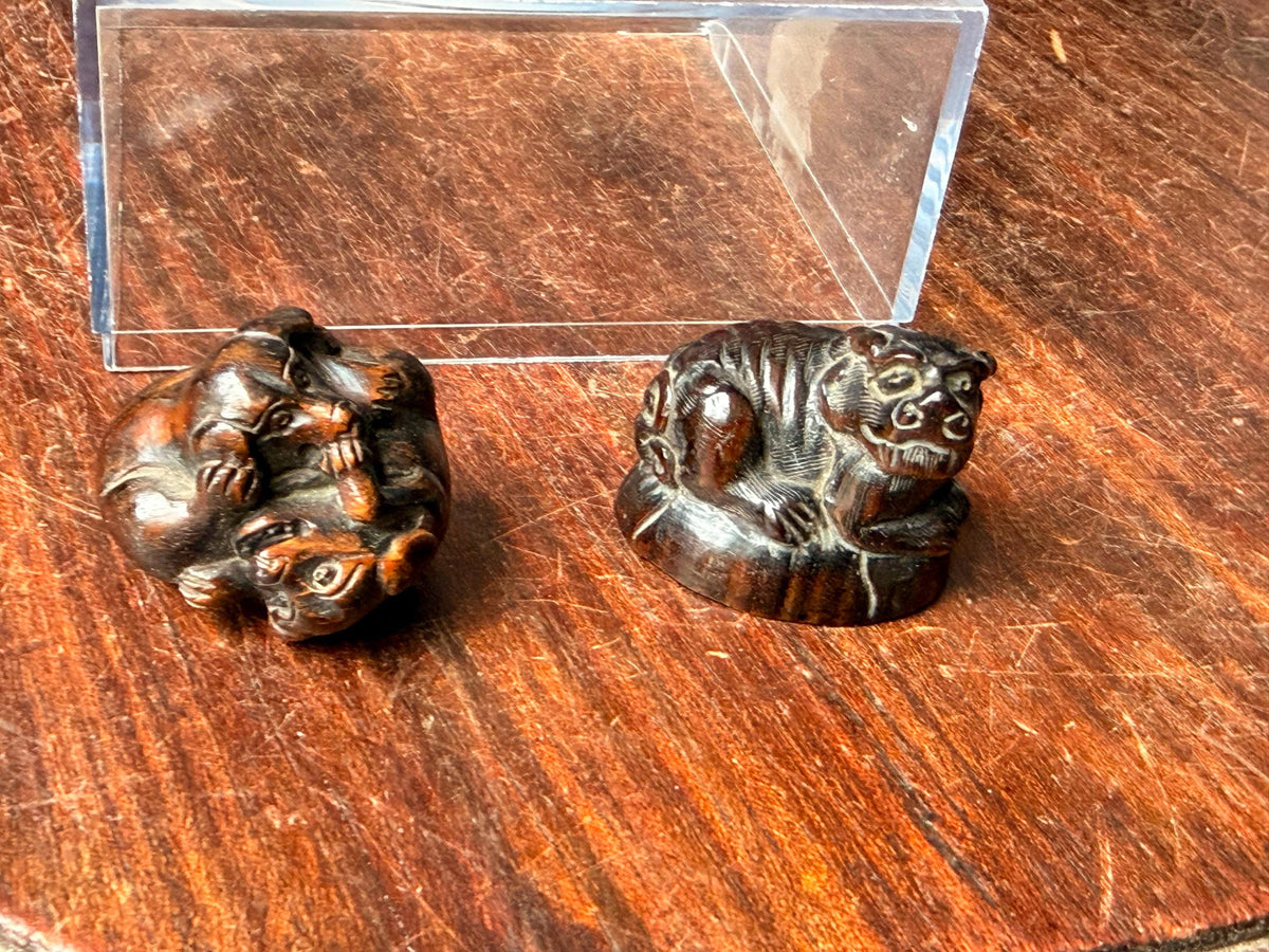 Vintage Japanese Carved Wood Netsuke Set Playing Puppies Recumbent Tiger