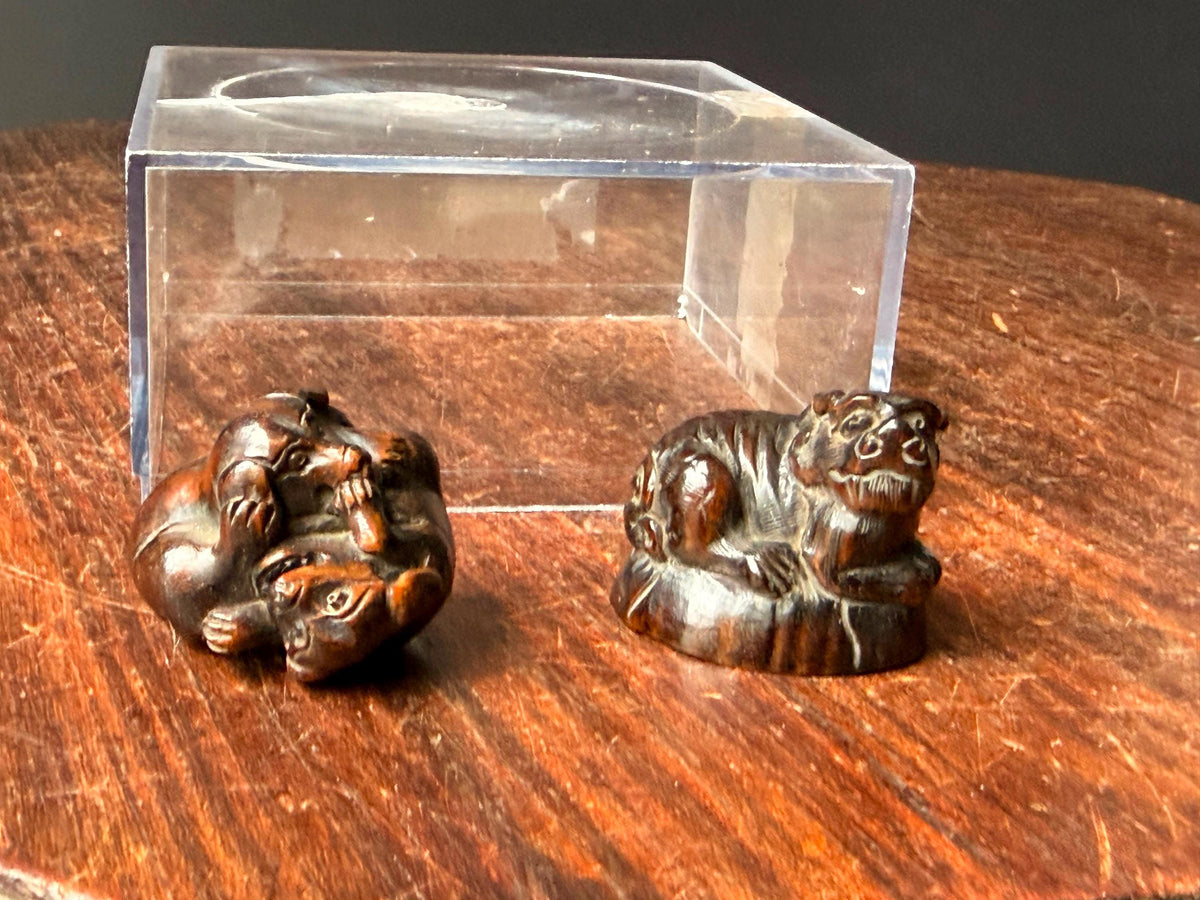 Vintage Japanese Carved Wood Netsuke Set Playing Puppies Recumbent Tiger