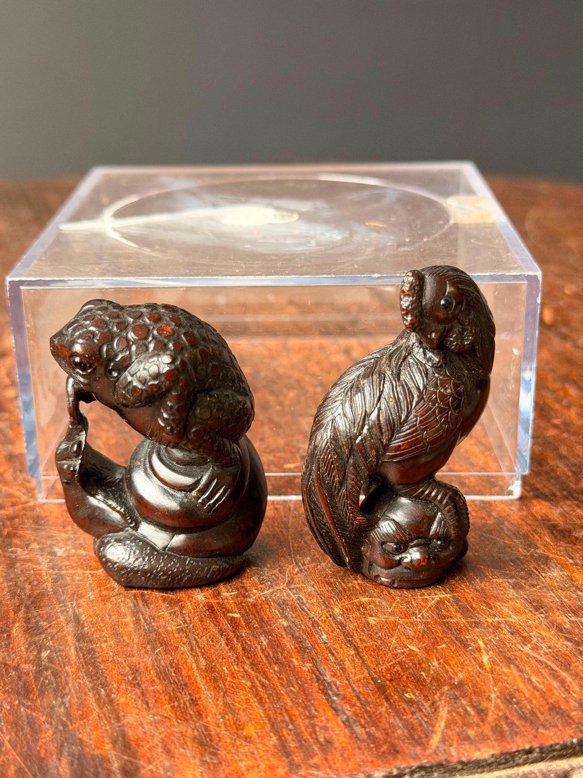 Vintage Japanese Carved Wood Netsuke Set Toad Snake & Rooster Signed