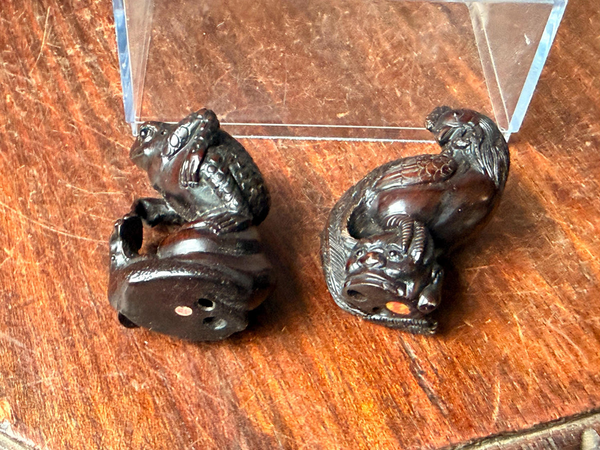 Vintage Japanese Carved Wood Netsuke Set Toad Snake & Rooster Signed