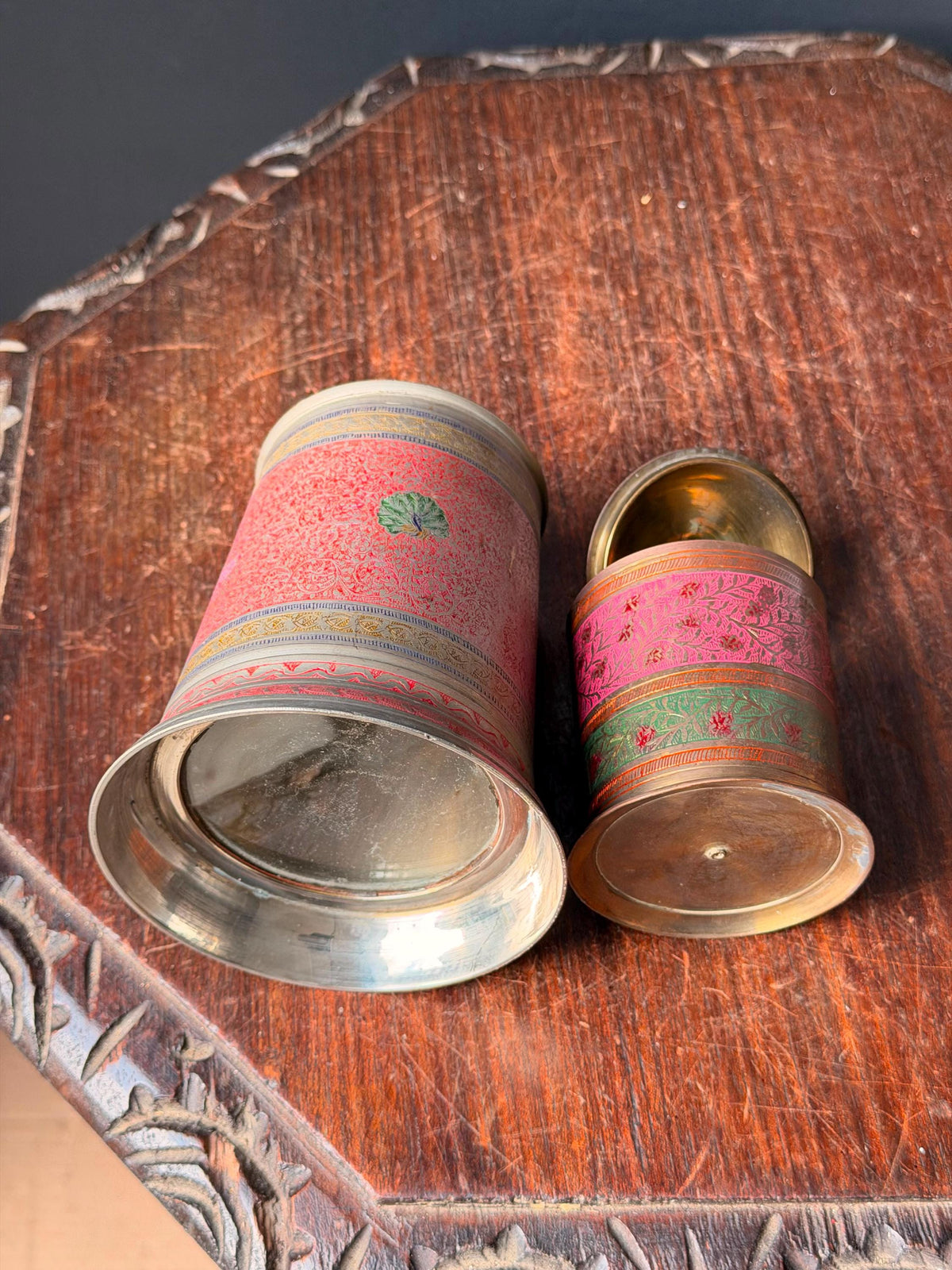 Vintage Etched Brass Enamel Tankard Mug Lidded Jar Set South Asian Folk Art
