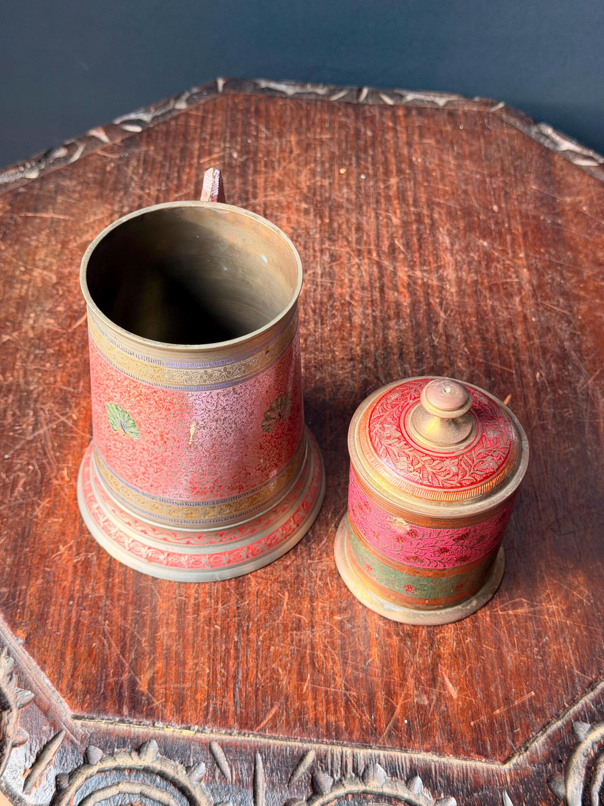 Vintage Etched Brass Enamel Tankard Mug Lidded Jar Set South Asian Folk Art
