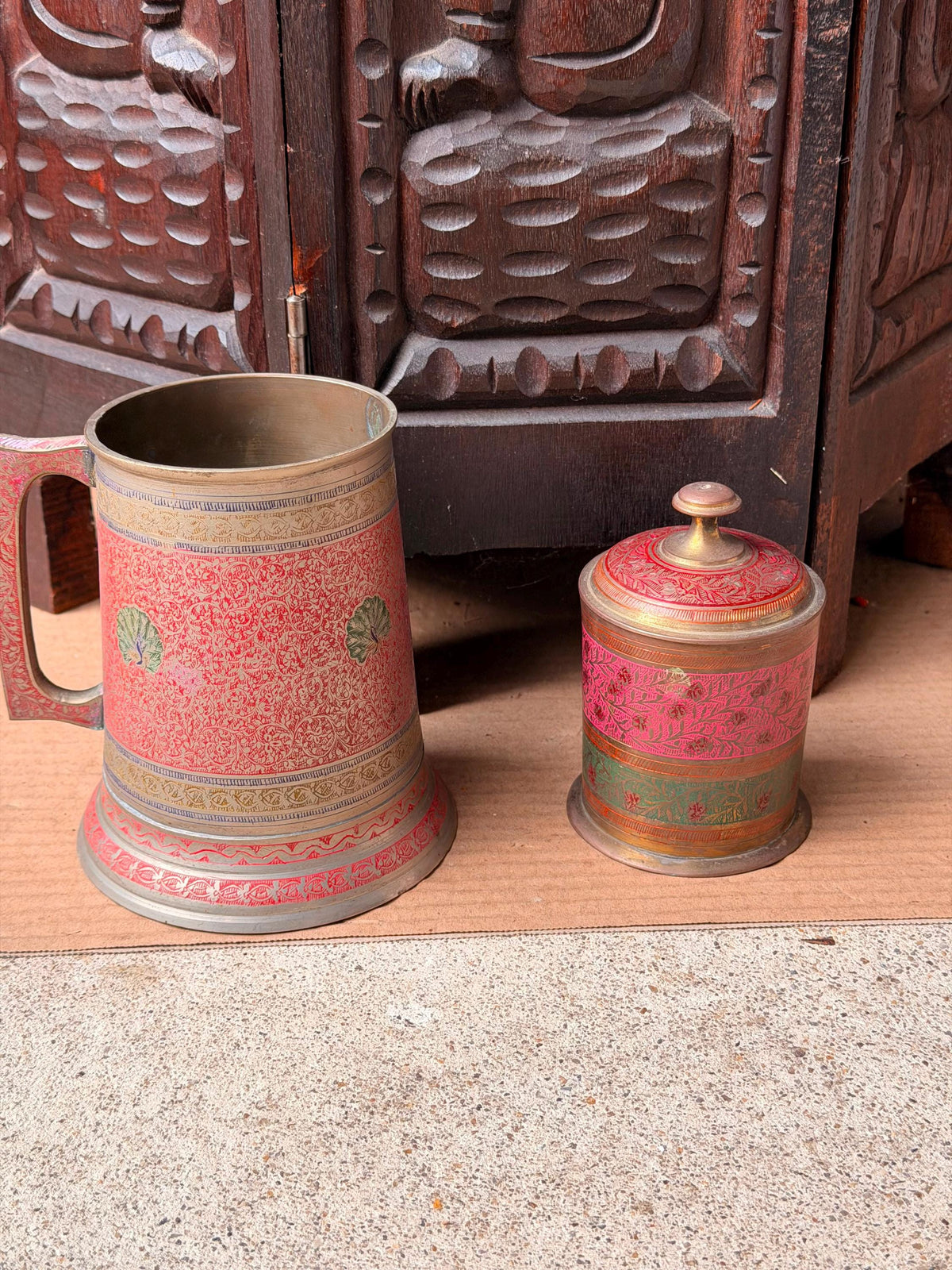 Vintage Etched Brass Enamel Tankard Mug Lidded Jar Set South Asian Folk Art