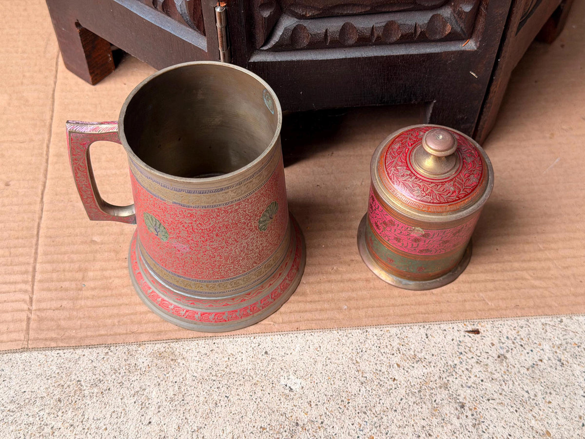 Vintage Etched Brass Enamel Tankard Mug Lidded Jar Set South Asian Folk Art