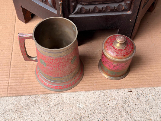 Vintage Etched Brass Enamel Tankard Mug Lidded Jar Set South Asian Folk Art