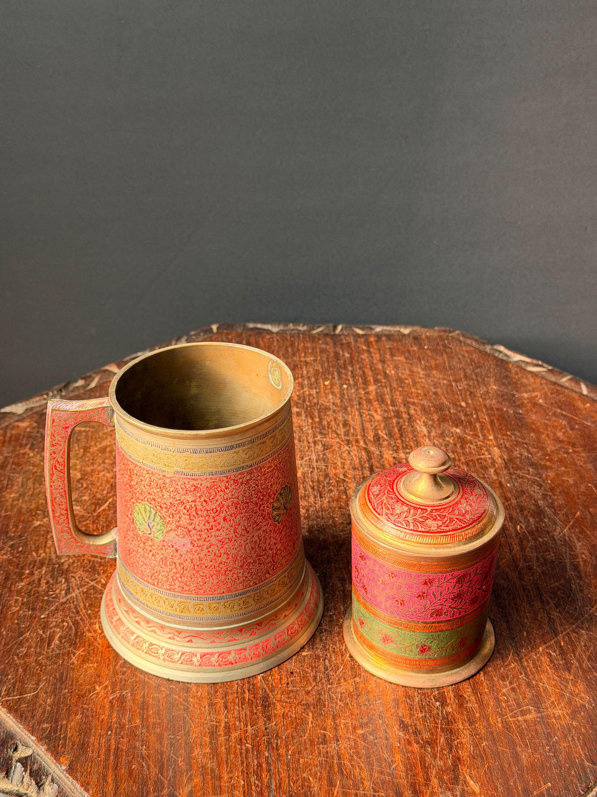 Vintage Etched Brass Enamel Tankard Mug Lidded Jar Set South Asian Folk Art