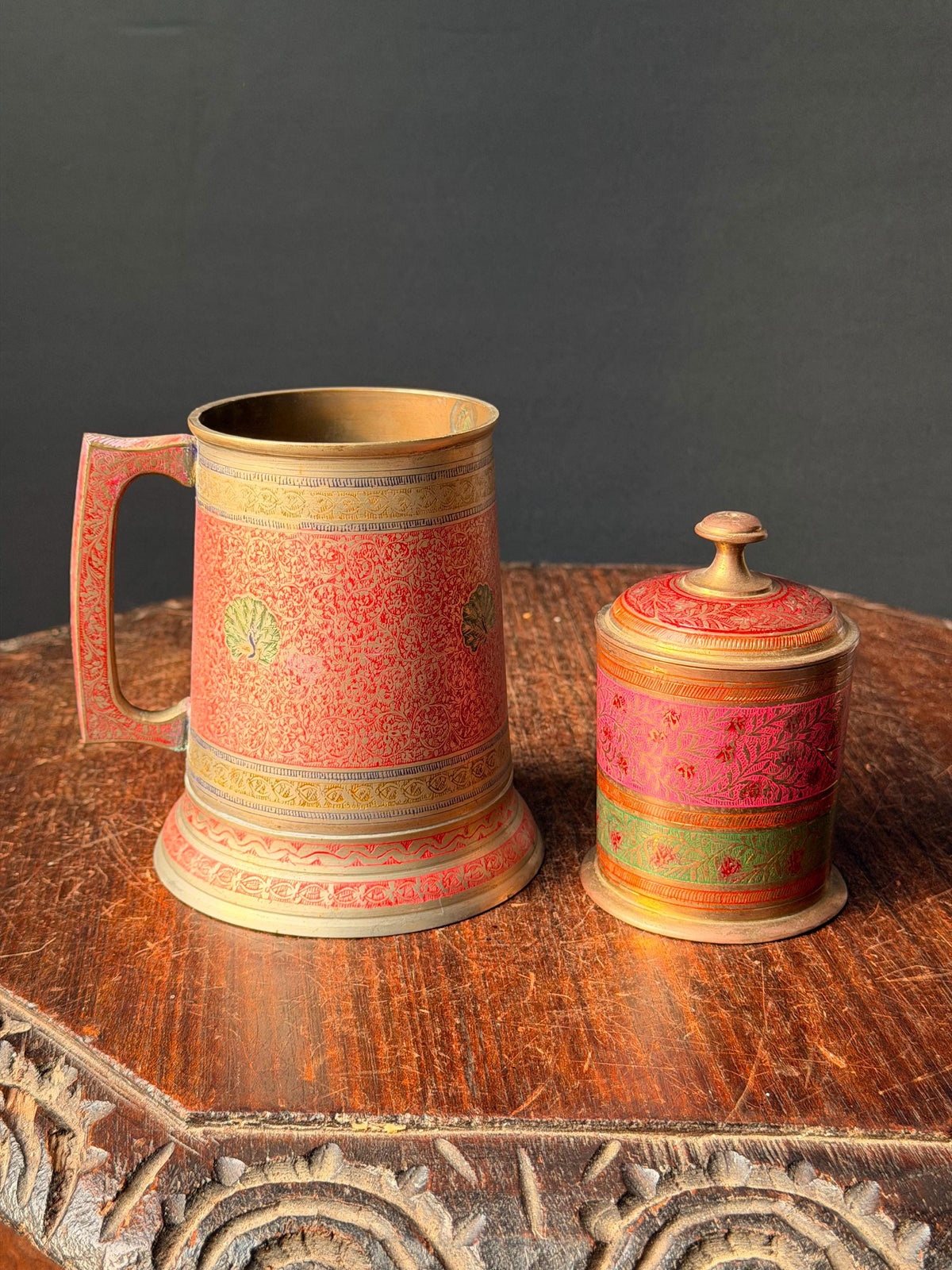 Vintage Etched Brass Enamel Tankard Mug Lidded Jar Set South Asian Folk Art