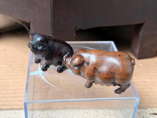 Vintage Japanese Carved Wood Netsuke Set Standing Boar Pigs Signed Seal