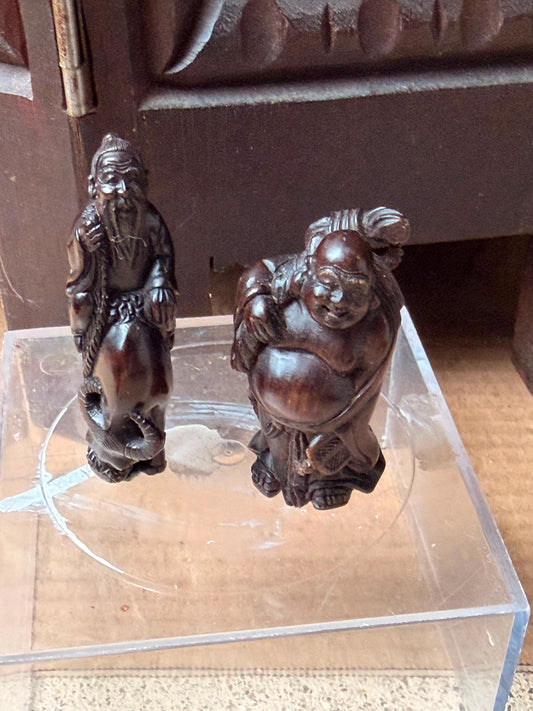 Vintage Japanese Carved Wood Netsuke Set Sage Riding Ox Hotei Signed