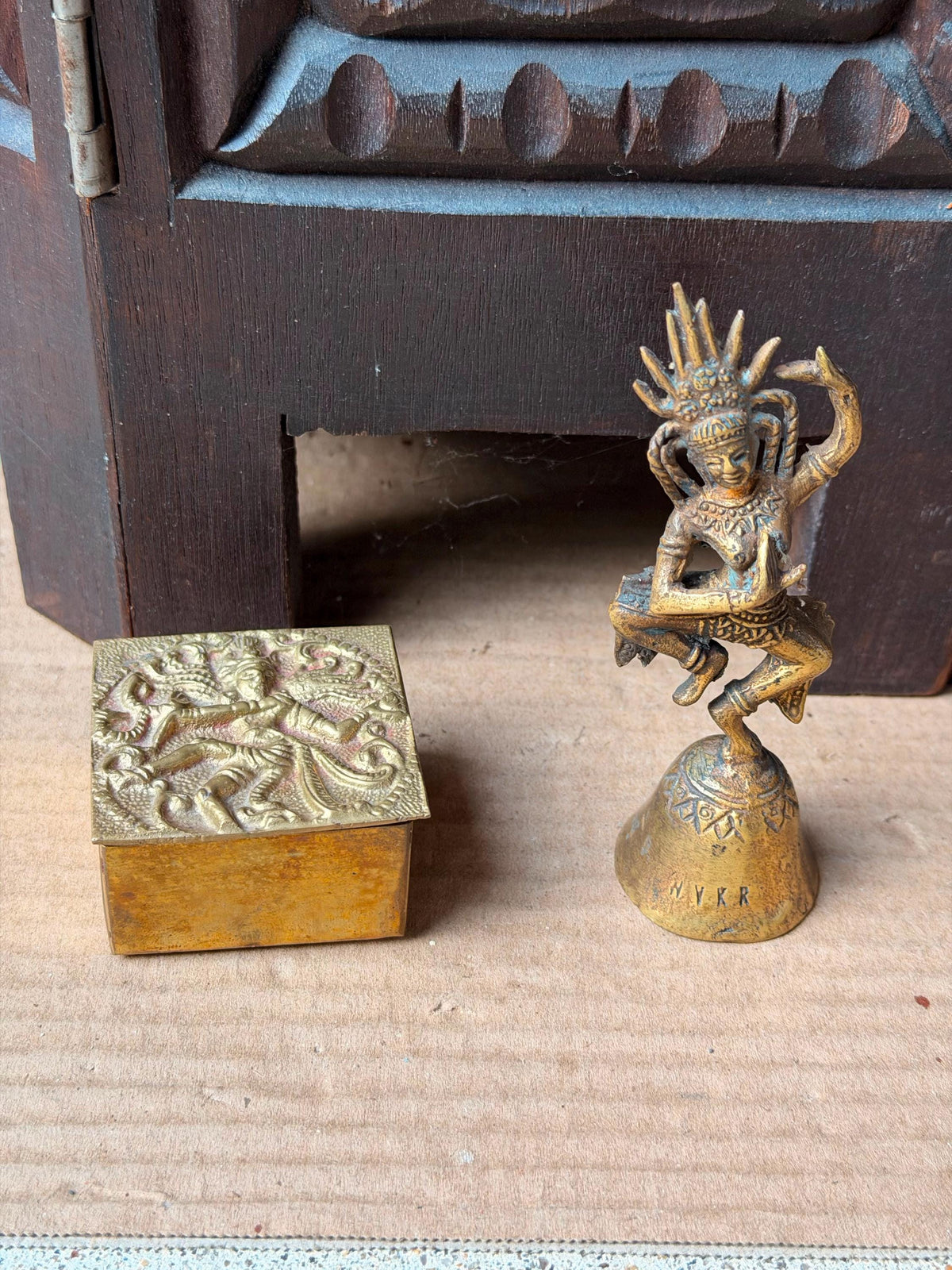 Vintage Brass Apsara Celestial Dancer Hand Bell & Relief Box Set