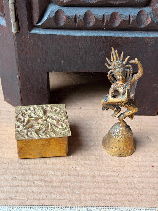 Vintage Brass Apsara Celestial Dancer Hand Bell & Relief Box Set