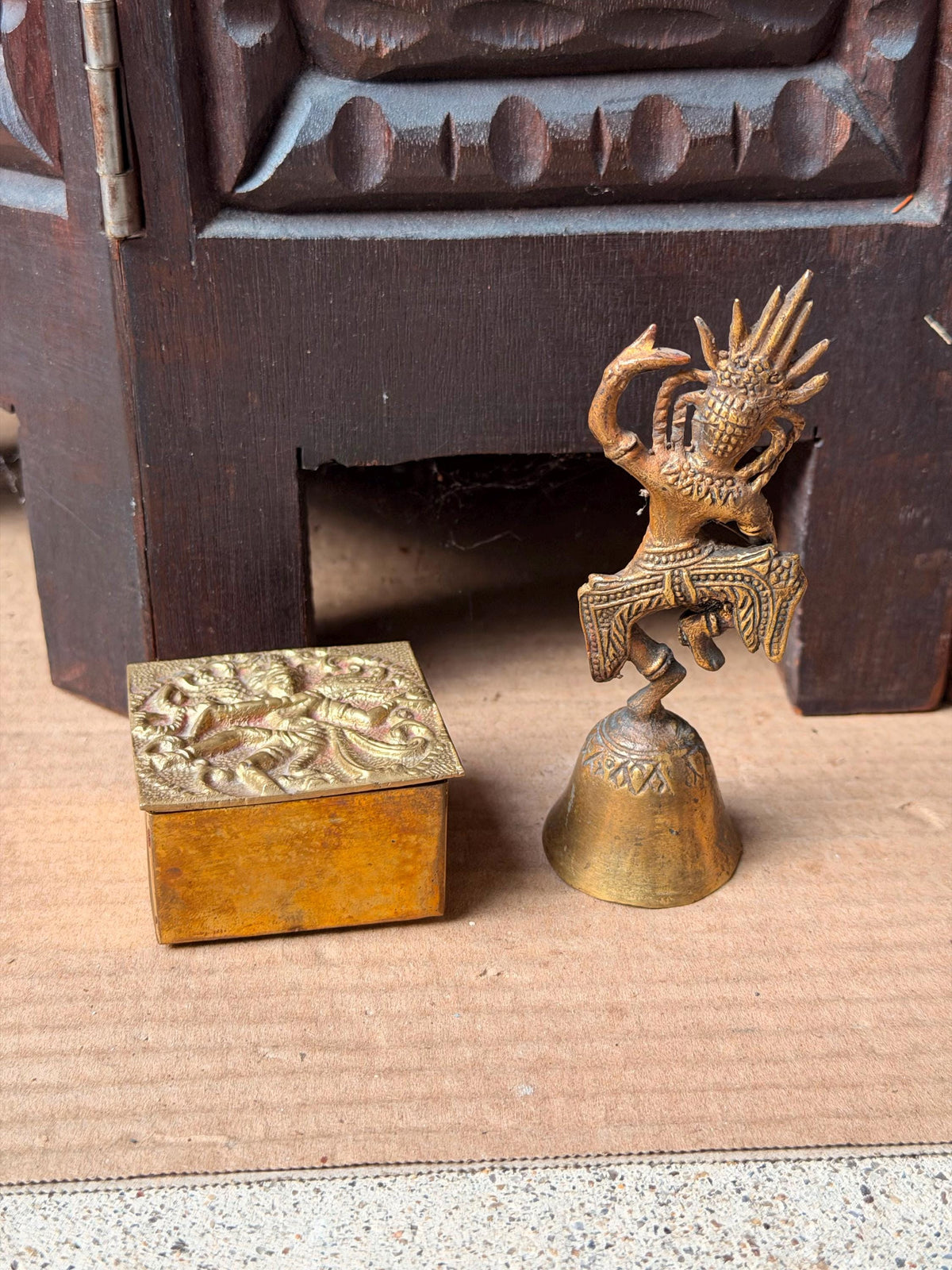 Vintage Brass Apsara Celestial Dancer Hand Bell & Relief Box Set