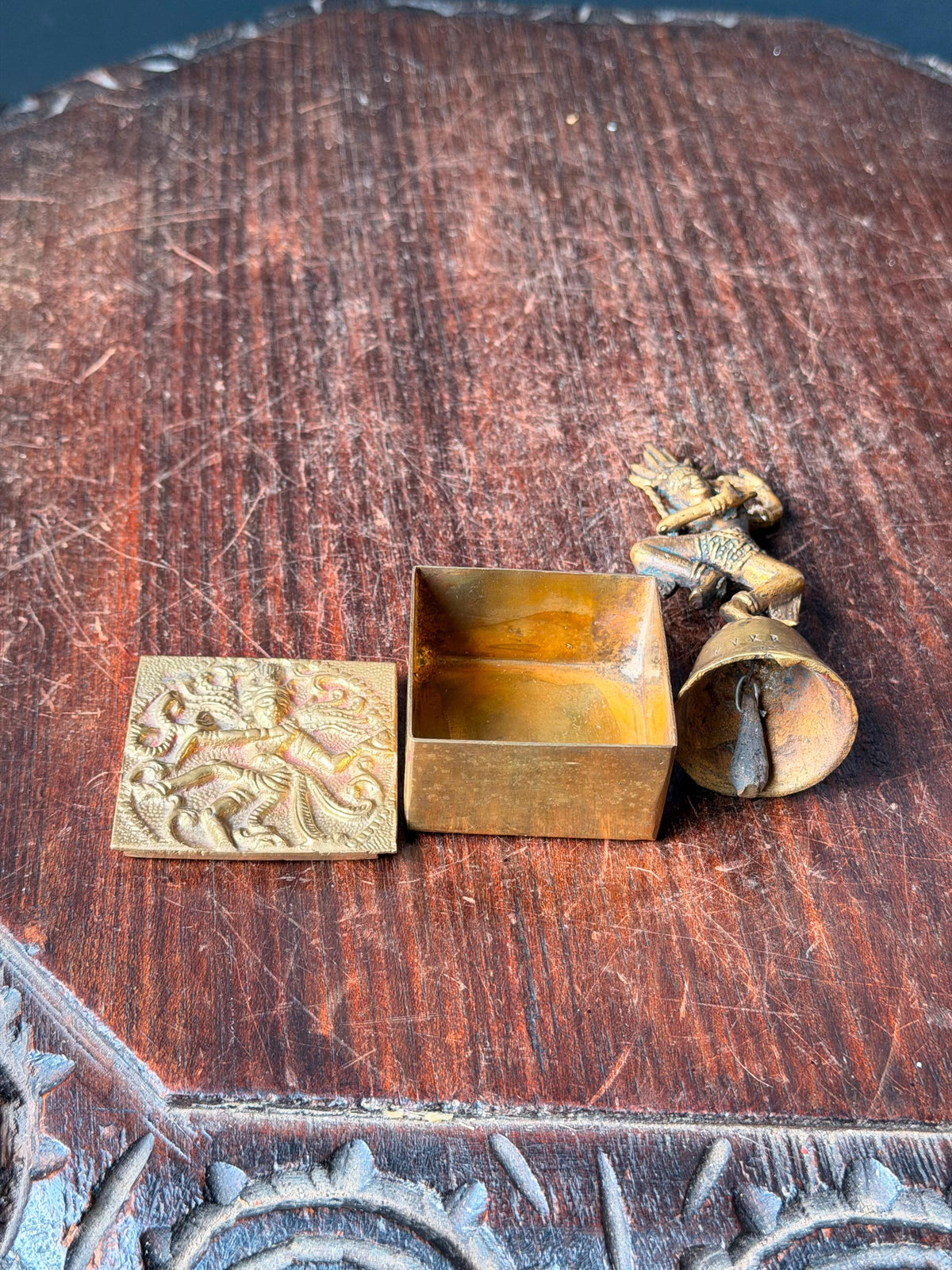 Vintage Brass Apsara Celestial Dancer Hand Bell & Relief Box Set