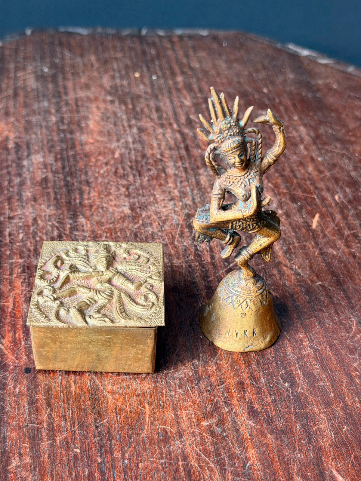 Vintage Brass Apsara Celestial Dancer Hand Bell & Relief Box Set