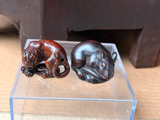 Vintage Japanese Carved Wood Netsuke Set Crouching Tiger Coiled Rat Signed Seal