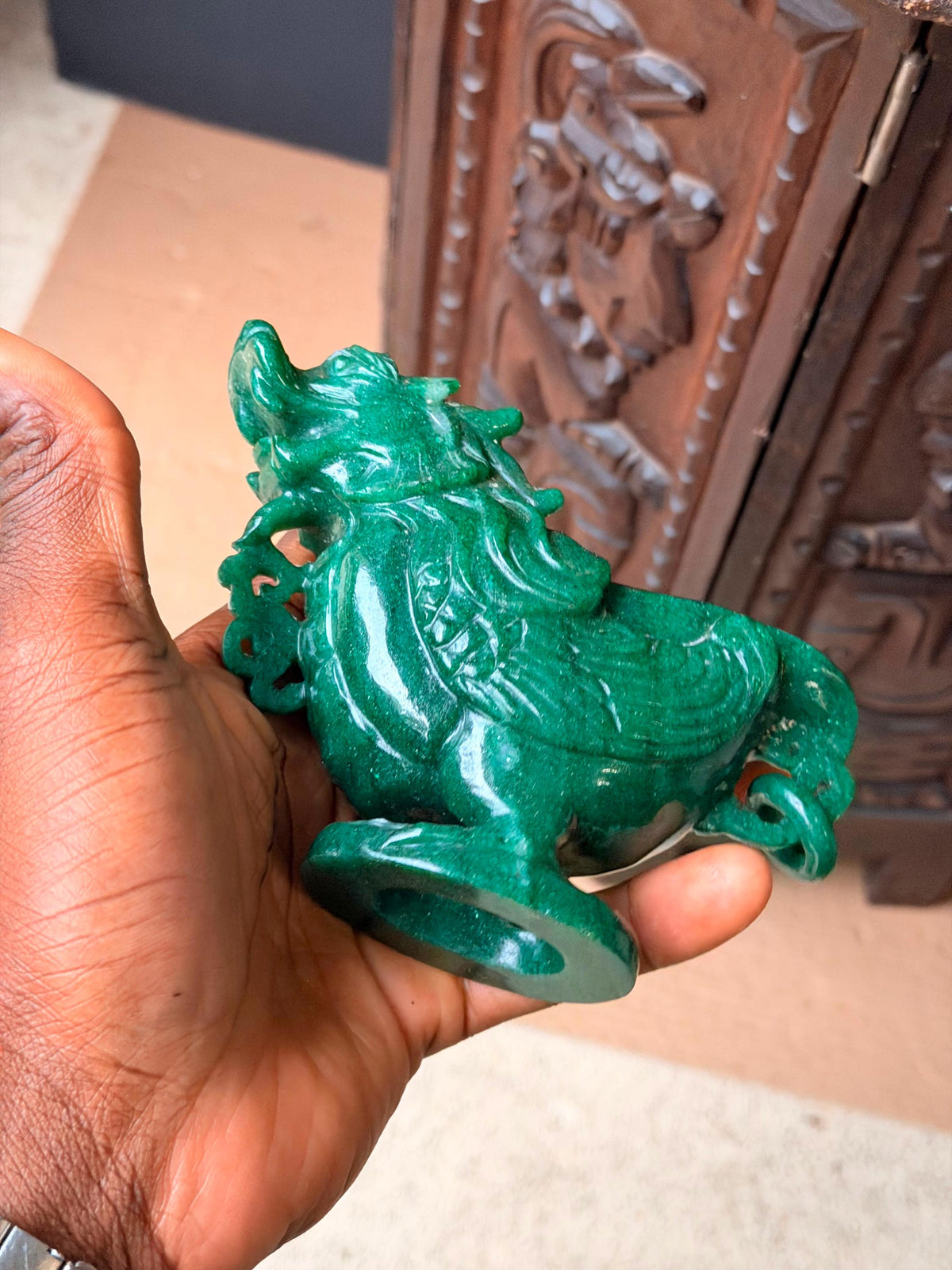 Vintage Carved Green Quartz Dragon Libation Cup Archaistic Gemstone Vessel Art