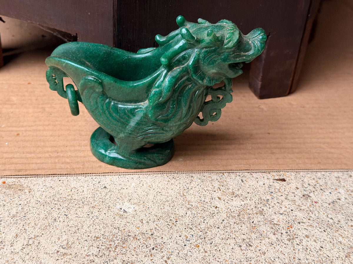 Vintage Carved Green Quartz Dragon Libation Cup Archaistic Gemstone Vessel Art