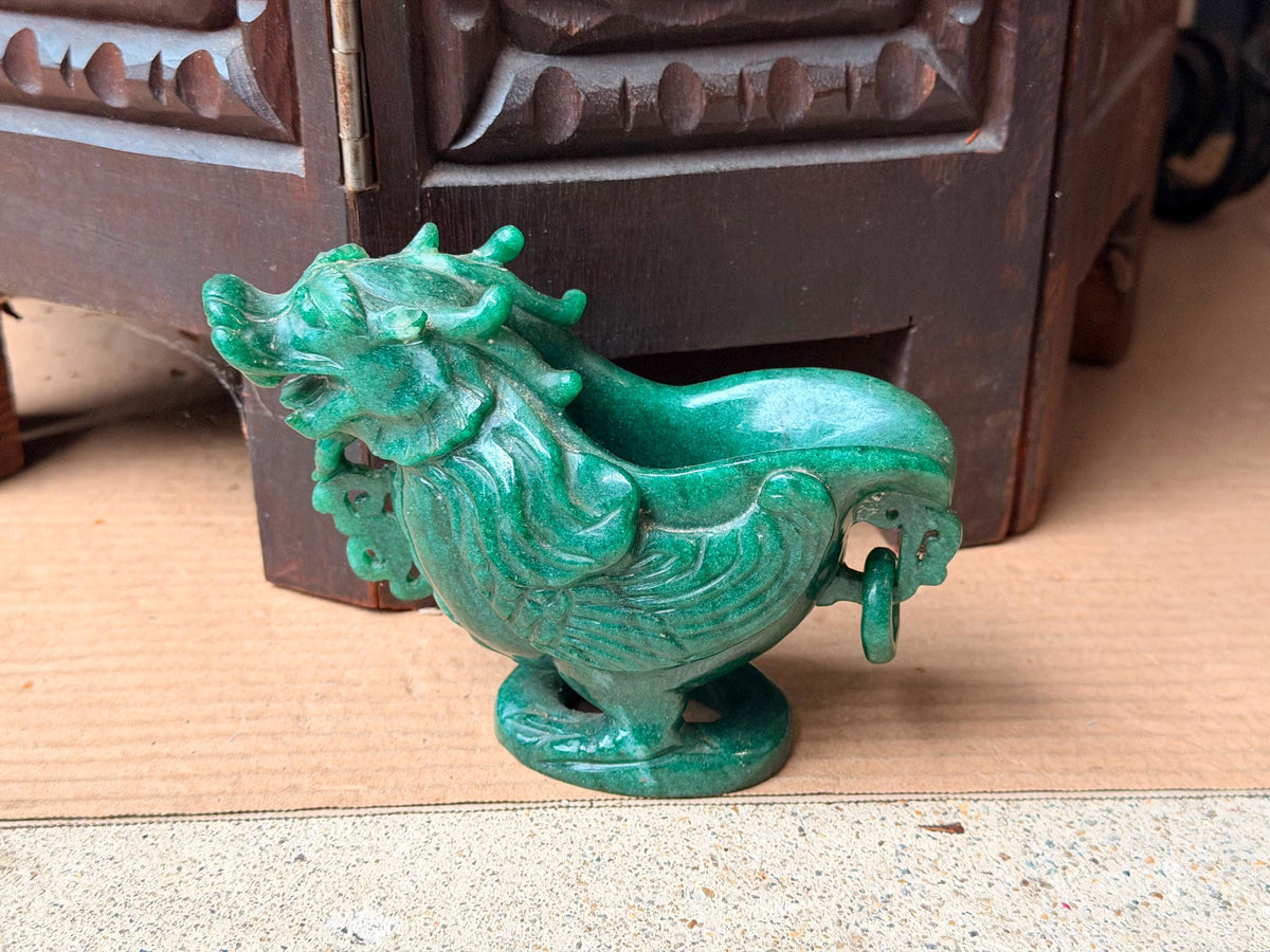 Vintage Carved Green Quartz Dragon Libation Cup Archaistic Gemstone Vessel Art