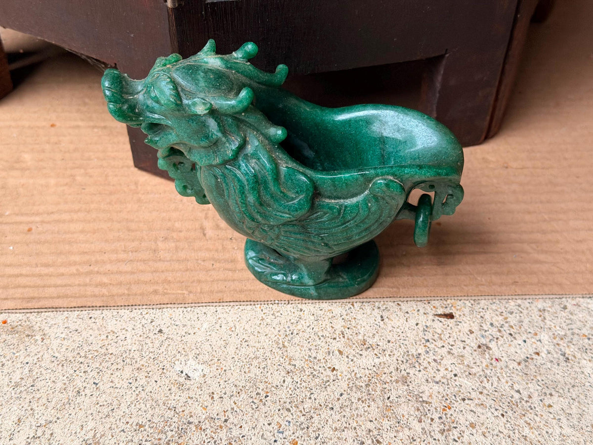 Vintage Carved Green Quartz Dragon Libation Cup Archaistic Gemstone Vessel Art