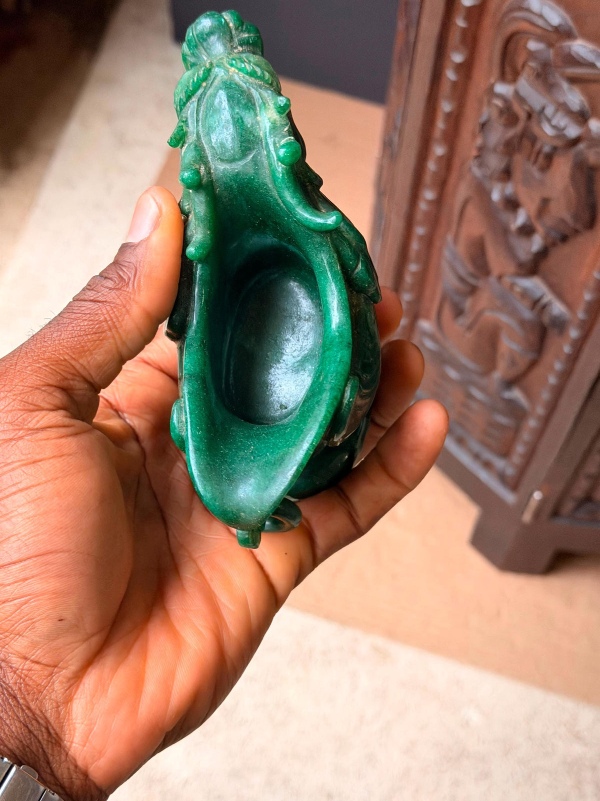 Vintage Carved Green Quartz Dragon Libation Cup Archaistic Gemstone Vessel Art
