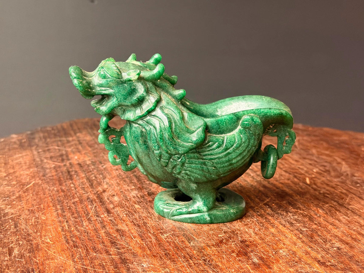 Vintage Carved Green Quartz Dragon Libation Cup Archaistic Gemstone Vessel Art