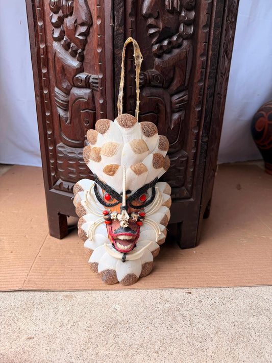 Vintage Botanical Fish Bone Mosaic Mask Tribal Folk Art Wall Decor 10"