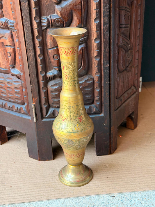 Vintage Indian Etched Brass Vase 11.5" Tall Boho Enamel Floral Stem Holder