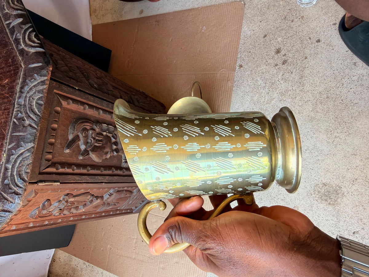 Vintage Sarna India Etched Brass Enamel Pitcher Trophy Vase Set Mid Century