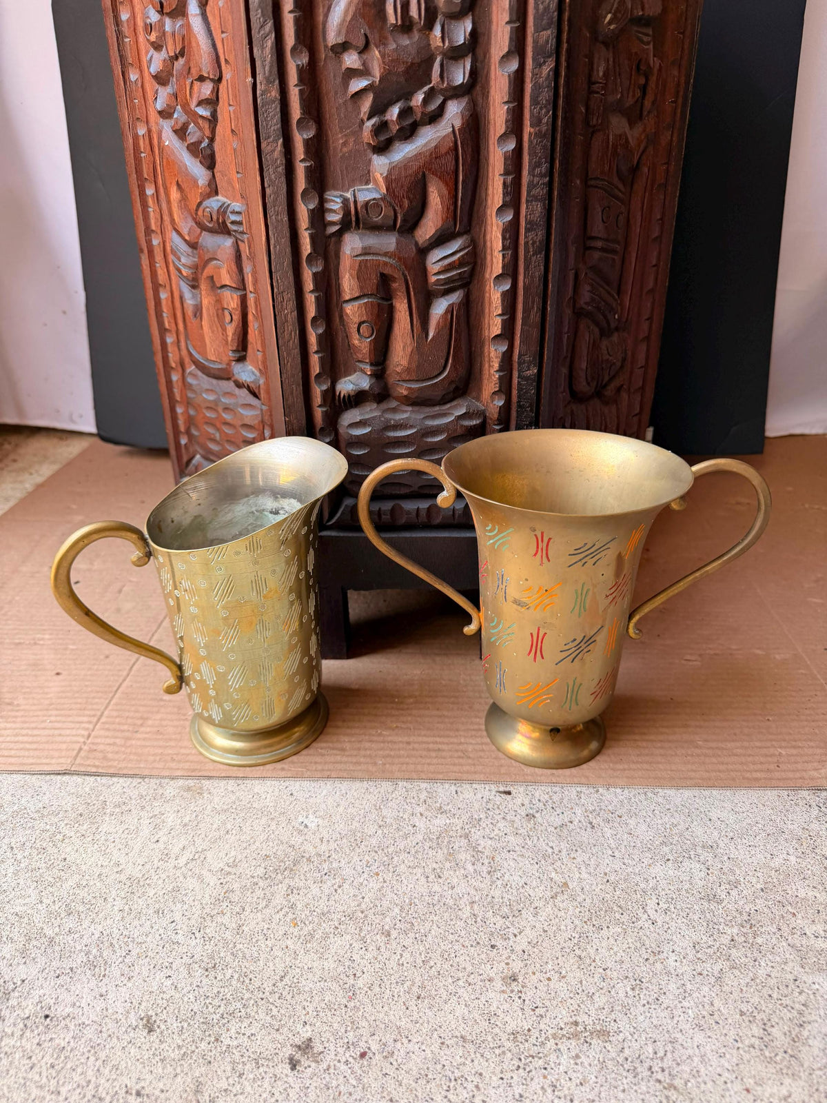 Vintage Sarna India Etched Brass Enamel Pitcher Trophy Vase Set Mid Century