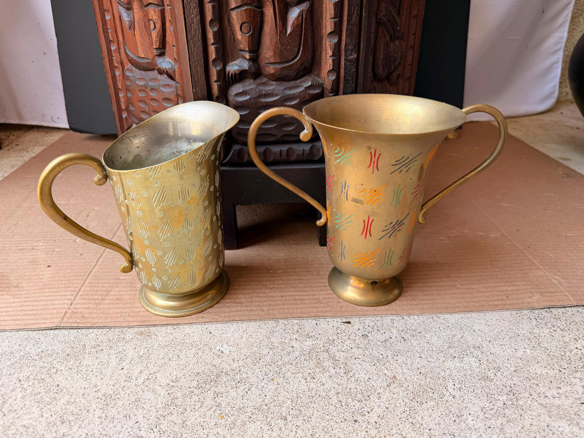 Vintage Sarna India Etched Brass Enamel Pitcher Trophy Vase Set Mid Century