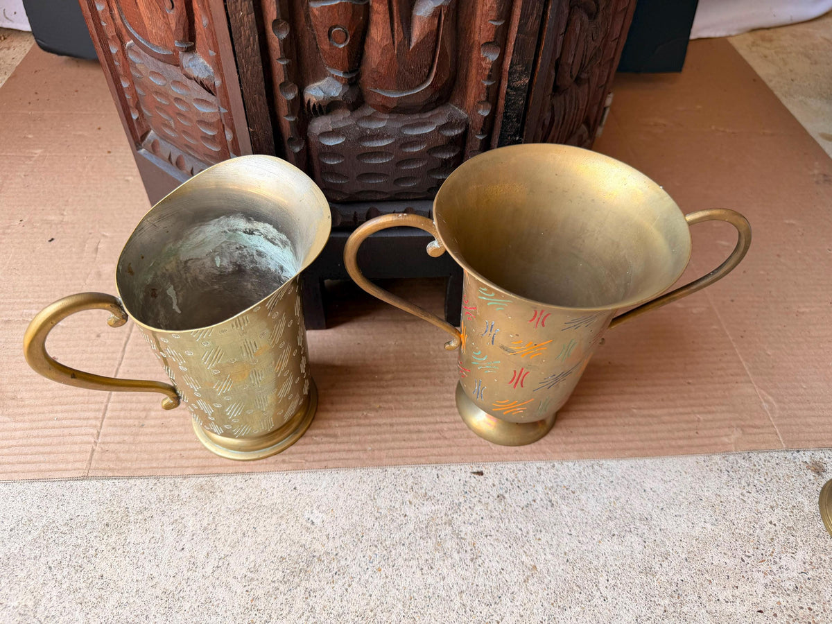 Vintage Sarna India Etched Brass Enamel Pitcher Trophy Vase Set Mid Century