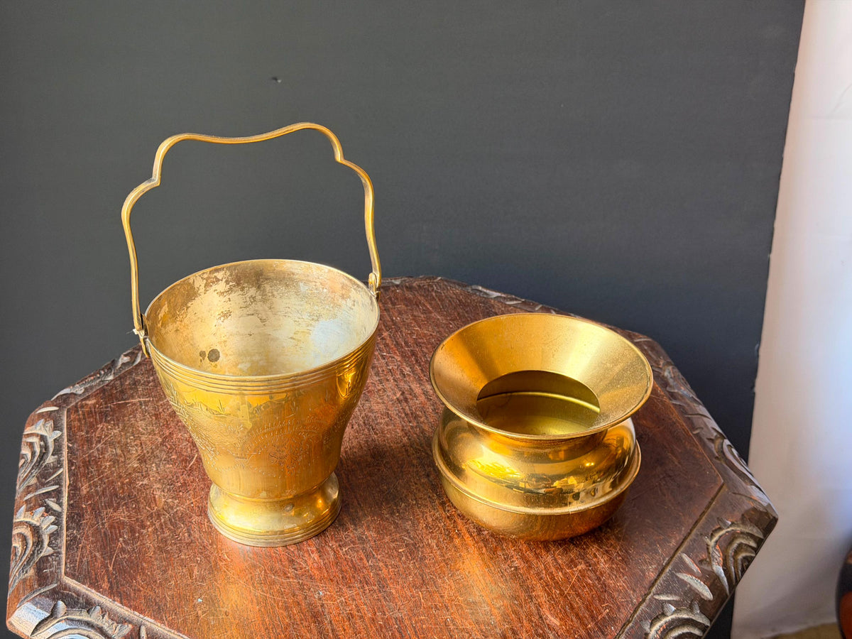 Vintage Brass Vessel Set Etched Bail Handle Pail & Flared Lota Pot Pair 5"