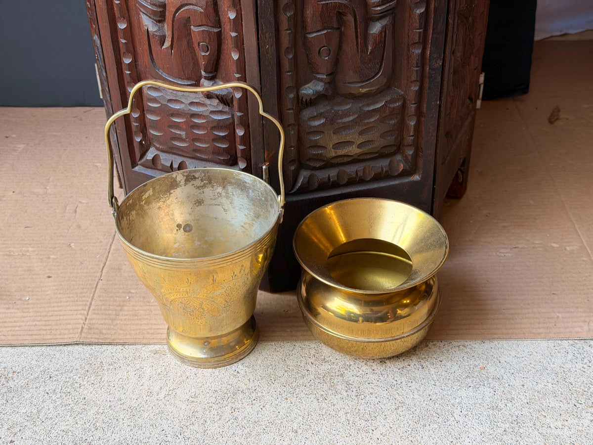 Vintage Brass Vessel Set Etched Bail Handle Pail & Flared Lota Pot Pair 5"