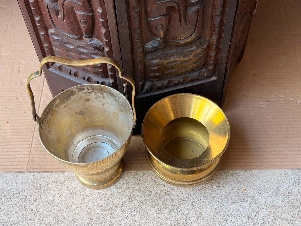 Vintage Brass Vessel Set Etched Bail Handle Pail & Flared Lota Pot Pair 5"