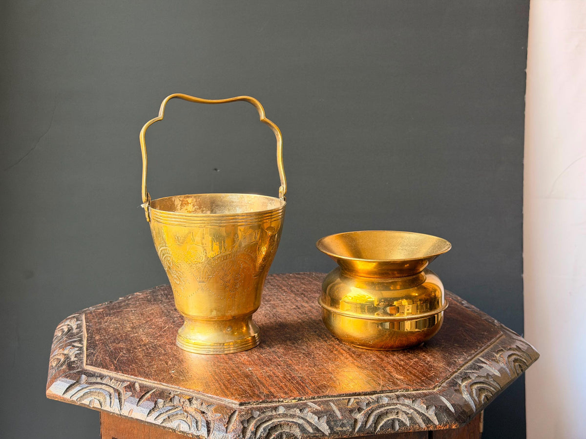 Vintage Brass Vessel Set Etched Bail Handle Pail & Flared Lota Pot Pair 5"