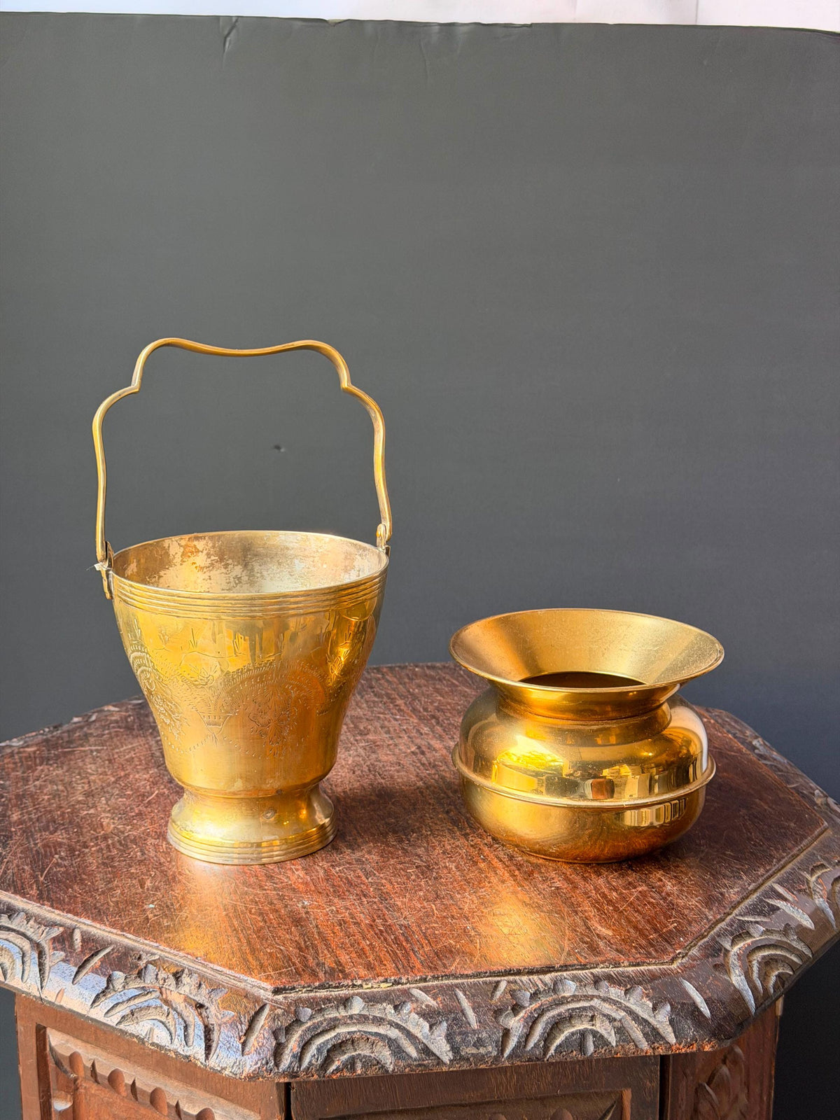 Vintage Brass Vessel Set Etched Bail Handle Pail & Flared Lota Pot Pair 5"