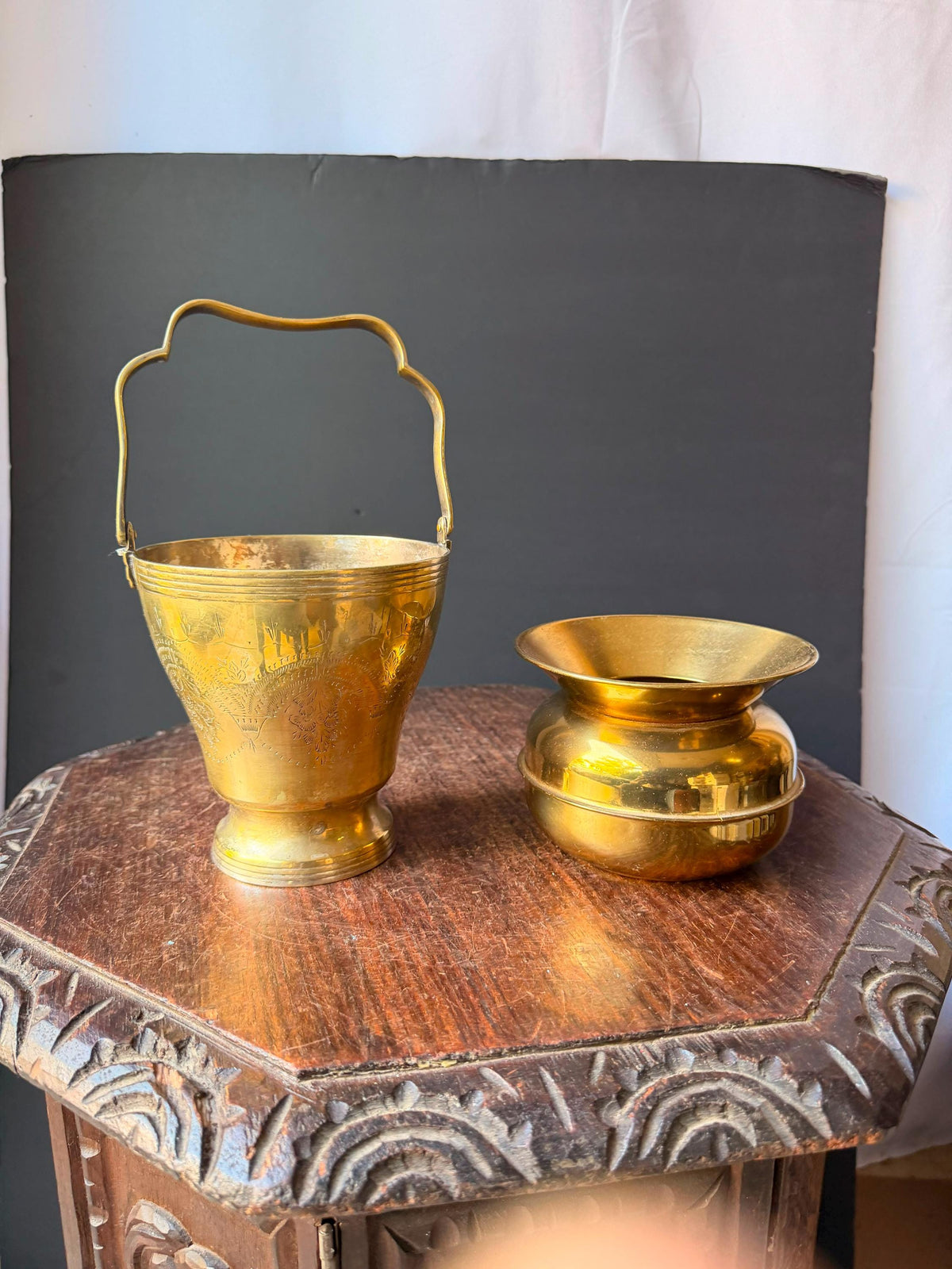 Vintage Brass Vessel Set Etched Bail Handle Pail & Flared Lota Pot Pair 5"