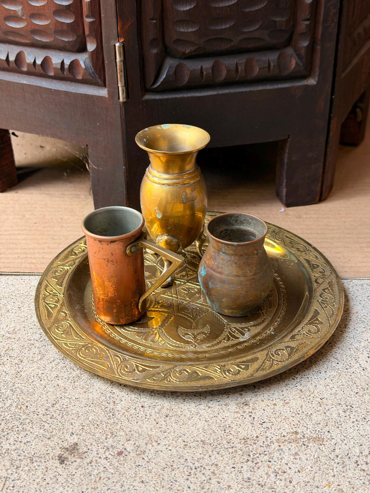 Vintage Brass Copper Miniature Vessel Set Etched Tray Middle Eastern Art 7.8"