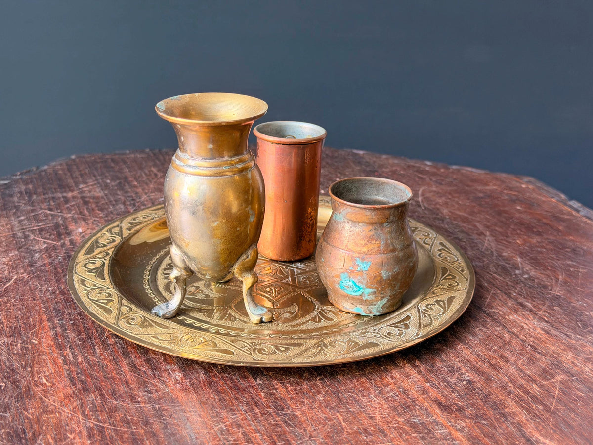 Vintage Brass Copper Miniature Vessel Set Etched Tray Middle Eastern Art 7.8"