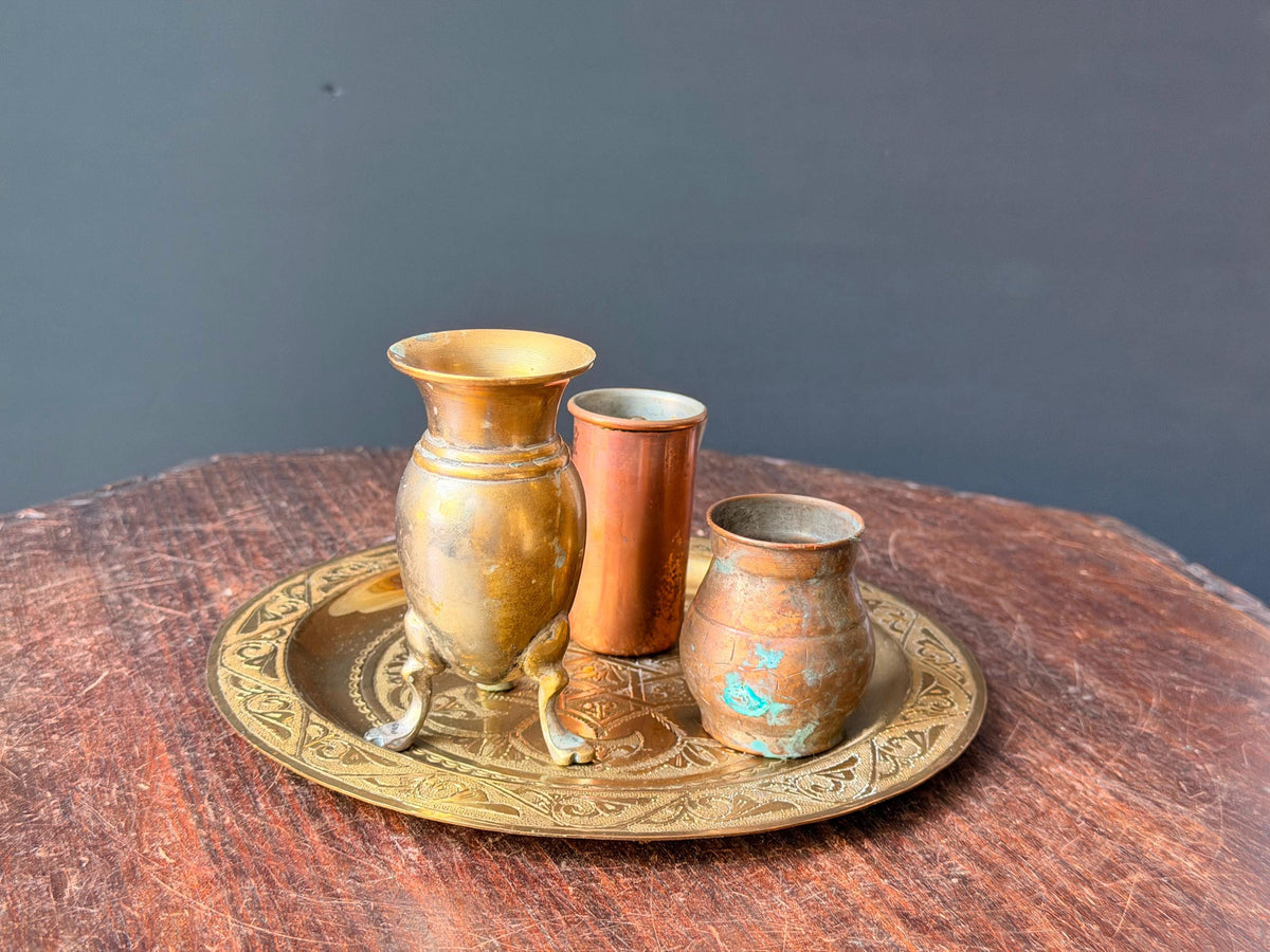 Vintage Brass Copper Miniature Vessel Set Etched Tray Middle Eastern Art 7.8"