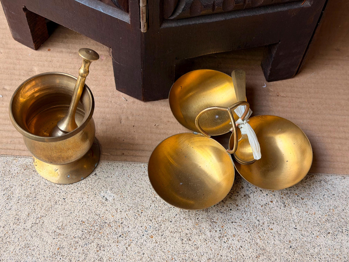 Vintage Brass Mortar Pestle & 3 Bowl Condiment Spice Dish Server Set 6"