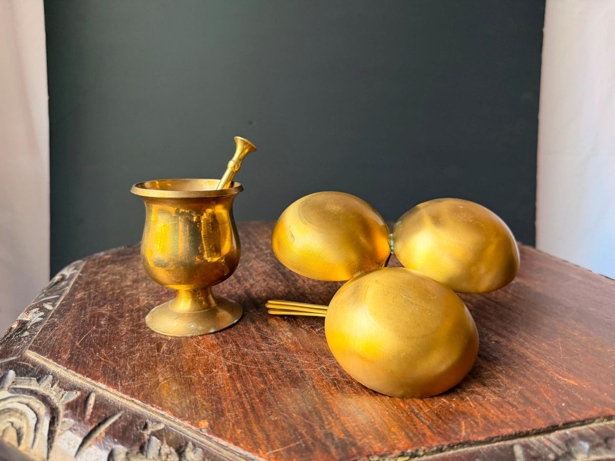 Vintage Brass Mortar Pestle & 3 Bowl Condiment Spice Dish Server Set 6"