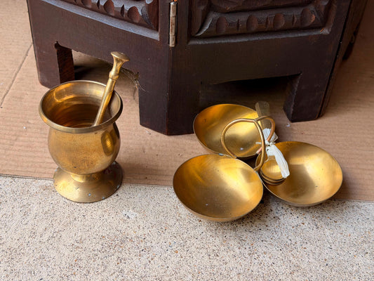 Vintage Brass Mortar Pestle & 3 Bowl Condiment Spice Dish Server Set 6"