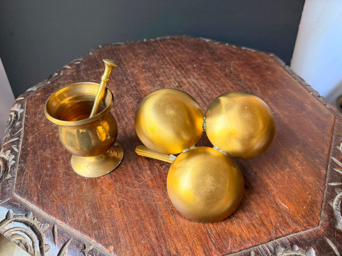 Vintage Brass Mortar Pestle & 3 Bowl Condiment Spice Dish Server Set 6"