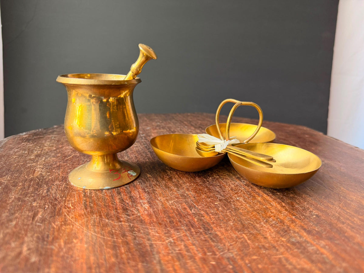 Vintage Brass Mortar Pestle & 3 Bowl Condiment Spice Dish Server Set 6"