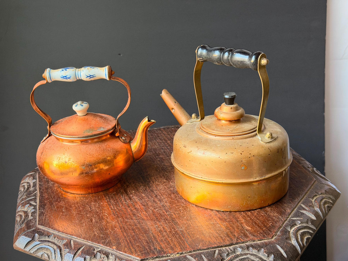 Vintage English Simplex Solid Copper Tea Kettle Set Porcelain Handle Pair 8.5"