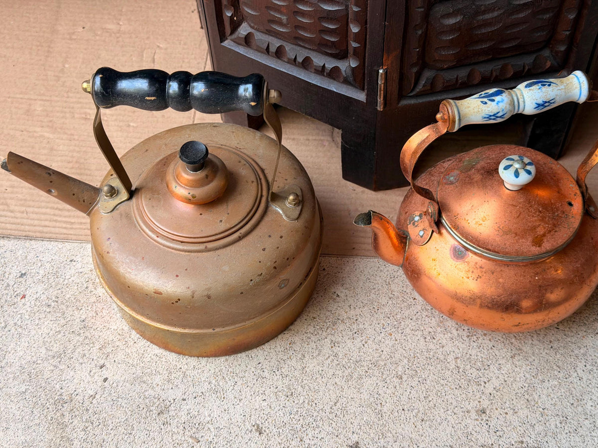 Vintage English Simplex Solid Copper Tea Kettle Set Porcelain Handle Pair 8.5"